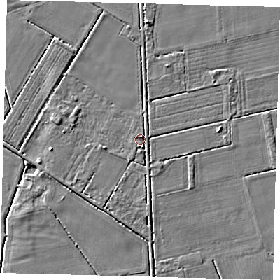 Shaded relief map of the ground around LN44RU, computed from Environment Agency LiDAR. The ground here sits at about 6 m above sea level and falls 5 m across the surrounding 800 m. Surface water reaching this point runs off ground lying to the south-south-east, 2.1 m higher.