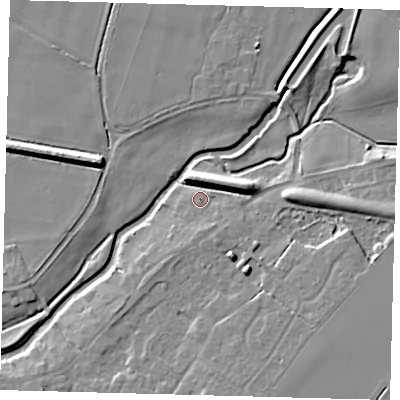 Shaded relief map of the ground around LN44SA, computed from Environment Agency LiDAR. The ground here sits at about 7 m above sea level and falls 8 m across the surrounding 800 m. Surface water reaching this point runs off ground lying to the north-north-east, 6.7 m higher.