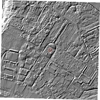 Shaded relief map of the ground around LN44SY, computed from Environment Agency LiDAR. The ground here sits at about 7 m above sea level and falls 7 m across the surrounding 800 m. Surface water reaching this point runs off ground lying to the south-west, 0.5 m higher.