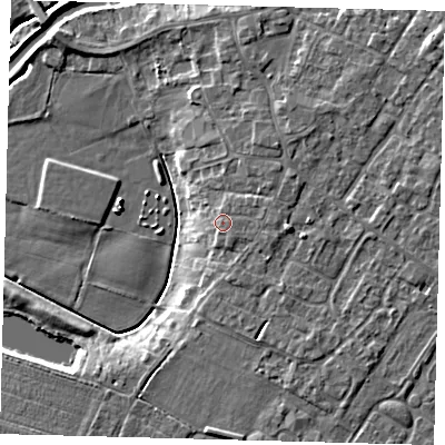 Shaded relief map of the ground around LN44TF, computed from Environment Agency LiDAR. The ground here sits at about 7 m above sea level and falls 7 m across the surrounding 800 m. Surface water reaching this point runs off ground lying to the east, 1.5 m higher.