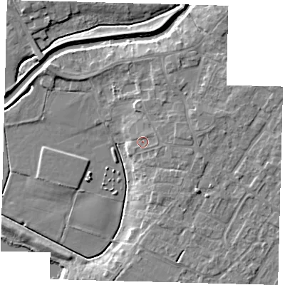 Shaded relief map of the ground around LN44TS, computed from Environment Agency LiDAR. The ground here sits at about 6 m above sea level and falls 7 m across the surrounding 800 m. Surface water reaching this point runs off ground lying to the east-south-east, 1.6 m higher.