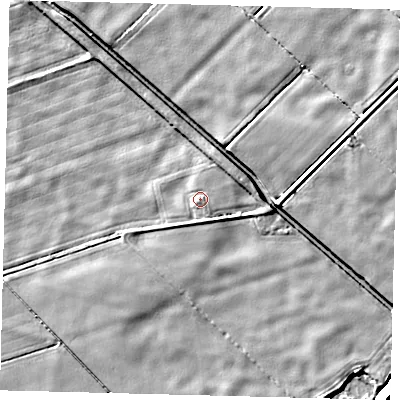 Shaded relief map of the ground around LN44TZ, computed from Environment Agency LiDAR. The ground here sits at about 2 m above sea level and falls 5 m across the surrounding 800 m. Surface water reaching this point runs off ground lying to the south-south-east, 0.9 m higher.