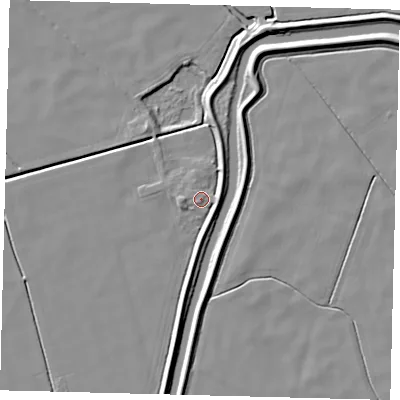 Shaded relief map of the ground around LN44UA, computed from Environment Agency LiDAR. The ground here sits at about 2 m above sea level and falls 5 m across the surrounding 800 m. Surface water reaching this point runs off ground lying to the east, 3.1 m higher.