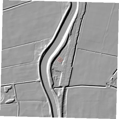 Shaded relief map of the ground around LN44UJ, computed from Environment Agency LiDAR. The ground here sits at about 3 m above sea level and falls 8 m across the surrounding 800 m. Surface water reaching this point runs off ground lying to the north-west, 6.2 m higher.