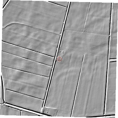 Shaded relief map of the ground around LN44UP, computed from Environment Agency LiDAR. The ground here sits at about 2 m above sea level and falls 4 m across the surrounding 800 m. Surface water reaching this point runs off ground lying to the west-north-west, 1.0 m higher.