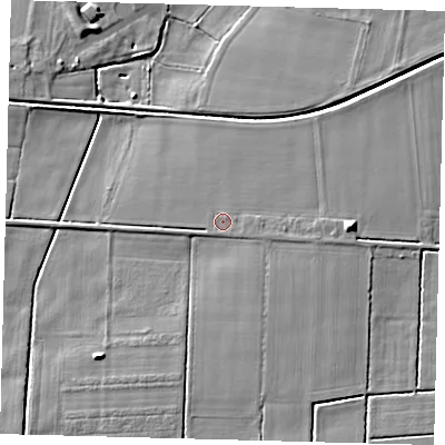 Shaded relief map of the ground around LN44UR, computed from Environment Agency LiDAR. The ground here sits at about 3 m above sea level and falls 7 m across the surrounding 800 m. Surface water reaching this point runs off ground lying to the north-north-east, 0.9 m higher.