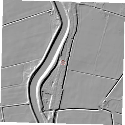 Shaded relief map of the ground around LN44UT, computed from Environment Agency LiDAR. The ground here sits at about 5 m above sea level and falls 8 m across the surrounding 800 m. Surface water reaching this point runs off ground lying to the west-south-west, 4.1 m higher.