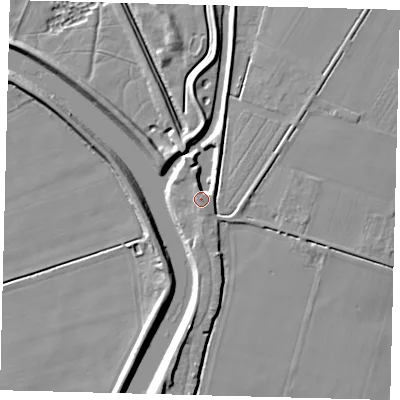 Shaded relief map of the ground around LN44UU, computed from Environment Agency LiDAR. The ground here sits at about 5 m above sea level and falls 7 m across the surrounding 800 m. Surface water reaching this point runs off ground lying to the north, 4.0 m higher.