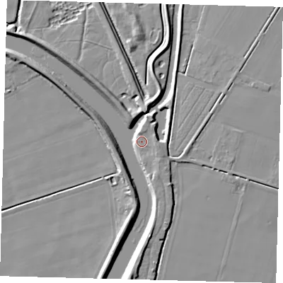 Shaded relief map of the ground around LN44UX, computed from Environment Agency LiDAR. The ground here sits at about 4 m above sea level and falls 7 m across the surrounding 800 m. Surface water reaching this point runs off ground lying to the east, 3.1 m higher.