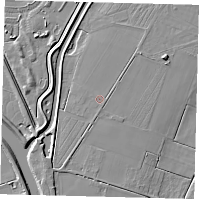 Shaded relief map of the ground around LN44UY, computed from Environment Agency LiDAR. The ground here sits at about 4 m above sea level and falls 8 m across the surrounding 800 m. Surface water reaching this point runs off ground lying to the north-east, 1.5 m higher.