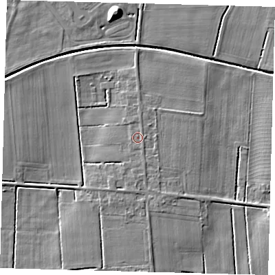 Shaded relief map of the ground around LN44XD, computed from Environment Agency LiDAR. The ground here sits at about 4 m above sea level and falls 10 m across the surrounding 800 m. Surface water reaching this point runs off ground lying to the north-north-east, 0.6 m higher.