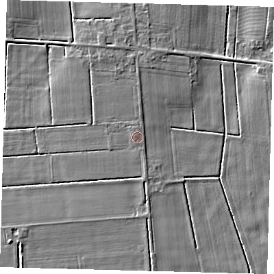Shaded relief map of the ground around LN44XE, computed from Environment Agency LiDAR. The ground here sits at about 3 m above sea level and falls 4 m across the surrounding 800 m. Surface water reaching this point runs off ground lying to the north, 0.7 m higher.