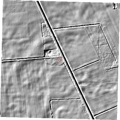 Shaded relief map of the ground around LN44XF, computed from Environment Agency LiDAR. The ground here sits at about 2 m above sea level and falls 4 m across the surrounding 800 m. Surface water reaching this point runs off ground lying to the north-north-east, 2.7 m higher.