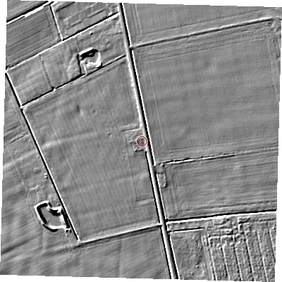 Shaded relief map of the ground around LN44XH, computed from Environment Agency LiDAR. The ground here sits at about 3 m above sea level and falls 4 m across the surrounding 800 m. Surface water reaching this point runs off ground lying to the north, 2.2 m higher.