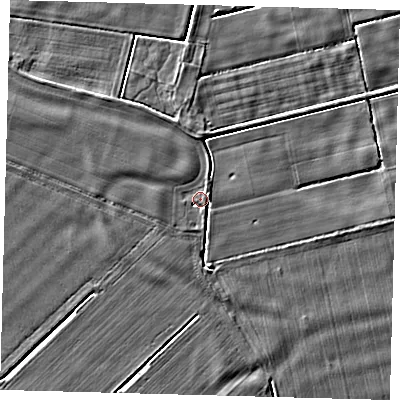 Shaded relief map of the ground around LN44XL, computed from Environment Agency LiDAR. The ground here sits at about 3 m above sea level and falls 3 m across the surrounding 800 m. Surface water reaching this point runs off ground lying to the north, 1.9 m higher.