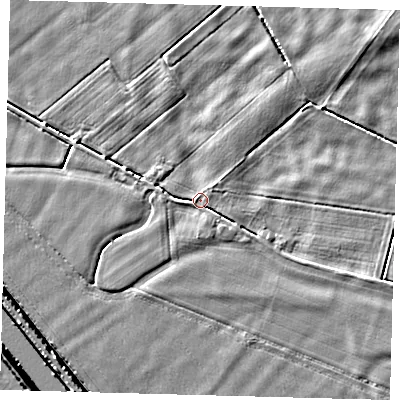 Shaded relief map of the ground around LN44XN, computed from Environment Agency LiDAR. The ground here sits at about 2 m above sea level and falls 6 m across the surrounding 800 m. Surface water reaching this point runs off ground lying to the south, 1.8 m higher.