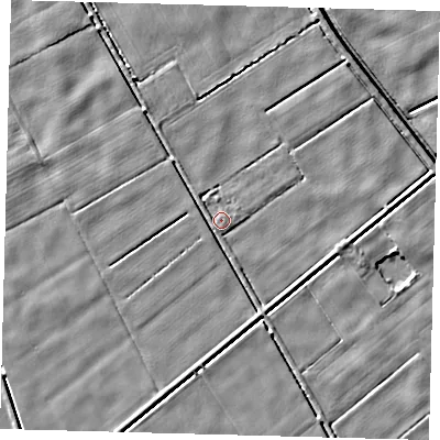 Shaded relief map of the ground around LN44XP, computed from Environment Agency LiDAR. The ground here sits at about 2 m above sea level and falls 3 m across the surrounding 800 m. Surface water reaching this point runs off ground lying to the north-north-west, 2.4 m higher.