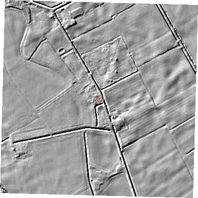Shaded relief map of the ground around LN44XR, computed from Environment Agency LiDAR. The ground here sits at about 2 m above sea level and falls 5 m across the surrounding 800 m. Surface water reaching this point runs off ground lying to the south, 2.5 m higher.