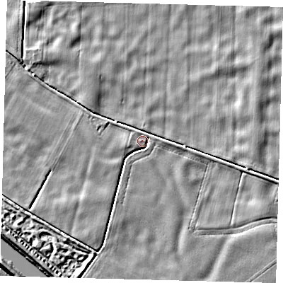 Shaded relief map of the ground around LN44XS, computed from Environment Agency LiDAR. The ground here sits at about 2 m above sea level and falls 5 m across the surrounding 800 m. Surface water reaching this point runs off ground lying to the east-south-east, 2.0 m higher.