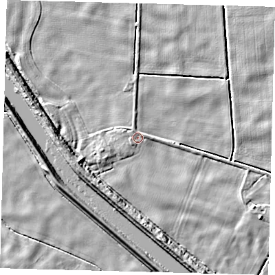 Shaded relief map of the ground around LN44XT, computed from Environment Agency LiDAR. The ground here sits at about 2 m above sea level and falls 6 m across the surrounding 800 m. Surface water reaching this point runs off ground lying to the north, 0.9 m higher.