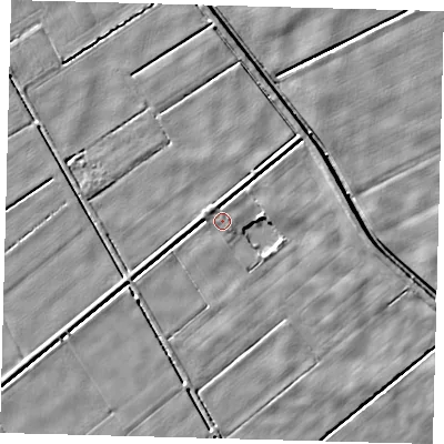 Shaded relief map of the ground around LN44XW, computed from Environment Agency LiDAR. The ground here sits at about 2 m above sea level and falls 4 m across the surrounding 800 m. Surface water reaching this point runs off ground lying to the north-north-west, 1.0 m higher.