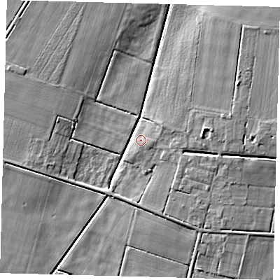 Shaded relief map of the ground around LN44YA, computed from Environment Agency LiDAR. The ground here sits at about 3 m above sea level and falls 6 m across the surrounding 800 m. Surface water reaching this point runs off ground lying to the east-south-east, 1.5 m higher.