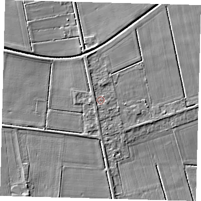 Shaded relief map of the ground around LN44YD, computed from Environment Agency LiDAR. The ground here sits at about 4 m above sea level and falls 4 m across the surrounding 800 m. Surface water reaching this point runs off ground lying to the north-north-west, 0.8 m higher.