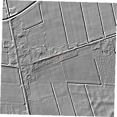 Shaded relief map of the ground around LN44YE, computed from Environment Agency LiDAR. The ground here sits at about 3 m above sea level and falls 4 m across the surrounding 800 m. Surface water reaching this point runs off ground lying to the north-north-east, 1.0 m higher.