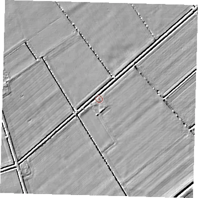 Shaded relief map of the ground around LN44YF, computed from Environment Agency LiDAR. The ground here sits at about 2 m above sea level and falls 3 m across the surrounding 800 m. Surface water reaching this point runs off ground lying to the north-east, 1.5 m higher.