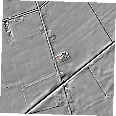 Shaded relief map of the ground around LN44YG, computed from Environment Agency LiDAR. The ground here sits at about 2 m above sea level and falls 4 m across the surrounding 800 m. Surface water reaching this point runs off ground lying to the east-south-east, 0.6 m higher.