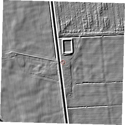 Shaded relief map of the ground around LN44YH, computed from Environment Agency LiDAR. The ground here sits at about 2 m above sea level and falls 5 m across the surrounding 800 m. Surface water reaching this point runs off ground lying to the west, 3.5 m higher.