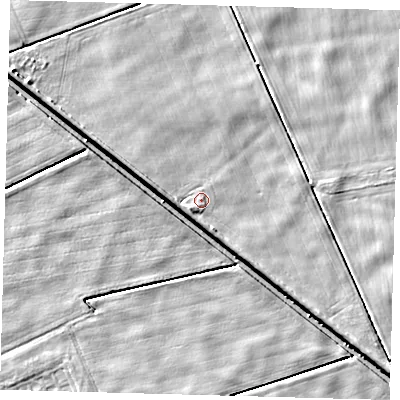 Shaded relief map of the ground around LN44YJ, computed from Environment Agency LiDAR. The ground here sits at about 2 m above sea level and falls 5 m across the surrounding 800 m. Surface water reaching this point runs off ground lying to the west-north-west, 3.0 m higher.