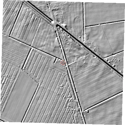 Shaded relief map of the ground around LN44YL, computed from Environment Agency LiDAR. The ground here sits at about 2 m above sea level and falls 4 m across the surrounding 800 m. Surface water reaching this point runs off ground lying to the west-north-west, 0.7 m higher.