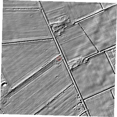 Shaded relief map of the ground around LN44YN, computed from Environment Agency LiDAR. The ground here sits at about 2 m above sea level and falls 4 m across the surrounding 800 m. Surface water reaching this point runs off ground lying to the west-south-west, 2.7 m higher.