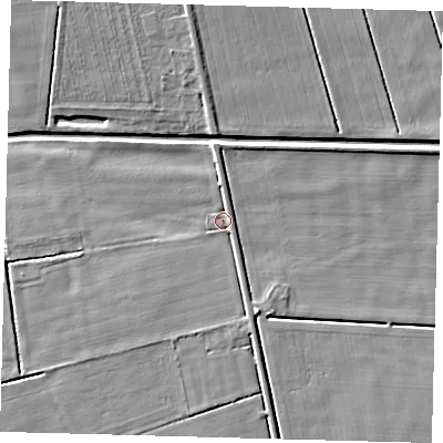 Shaded relief map of the ground around LN44YP, computed from Environment Agency LiDAR. The ground here sits at about 2 m above sea level and falls 5 m across the surrounding 800 m. Surface water reaching this point runs off ground lying to the south-south-east, 2.9 m higher.