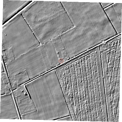 Shaded relief map of the ground around LN44YQ, computed from Environment Agency LiDAR. The ground here sits at about 2 m above sea level and falls 6 m across the surrounding 800 m. Surface water reaching this point runs off ground lying to the south-south-west, 1.3 m higher.