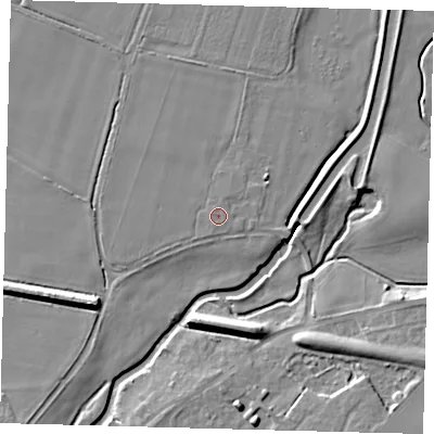 Shaded relief map of the ground around LN44YR, computed from Environment Agency LiDAR. The ground here sits at about 7 m above sea level and falls 8 m across the surrounding 800 m. The ground contributing surface water to this point lies to the north-north-east.