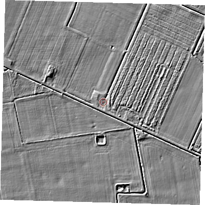 Shaded relief map of the ground around LN44YW, computed from Environment Agency LiDAR. The ground here sits at about 3 m above sea level and falls 4 m across the surrounding 800 m. Surface water reaching this point runs off ground lying to the south-east, 1.3 m higher.