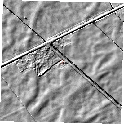 Shaded relief map of the ground around LN44ZJ, computed from Environment Agency LiDAR. The ground here sits at about 2 m above sea level and falls 5 m across the surrounding 800 m. Surface water reaching this point runs off ground lying to the west-south-west, 3.4 m higher.