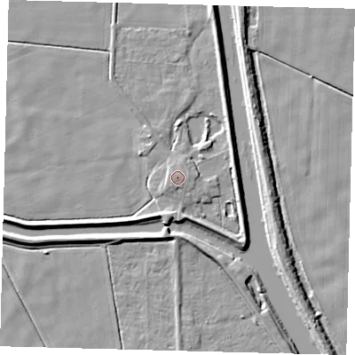 Shaded relief map of the ground around LN44ZL, computed from Environment Agency LiDAR. The ground here sits at about 4 m above sea level and falls 5 m across the surrounding 800 m. The ground contributing surface water to this point lies to the south-south-west.