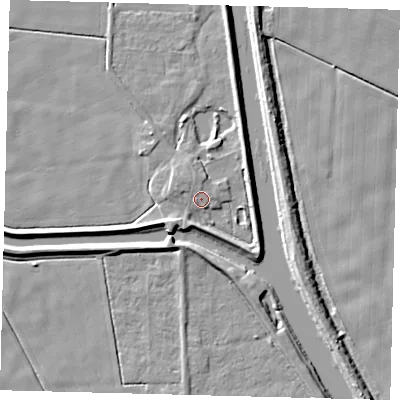 Shaded relief map of the ground around LN44ZN, computed from Environment Agency LiDAR. The ground here sits at about 3 m above sea level and falls 5 m across the surrounding 800 m. Surface water reaching this point runs off ground lying to the west-north-west, 0.9 m higher.