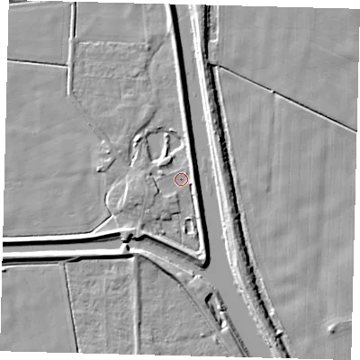 Shaded relief map of the ground around LN44ZP, computed from Environment Agency LiDAR. The ground here sits at about 2 m above sea level and falls 5 m across the surrounding 800 m. Surface water reaching this point runs off ground lying to the east, 3.6 m higher.