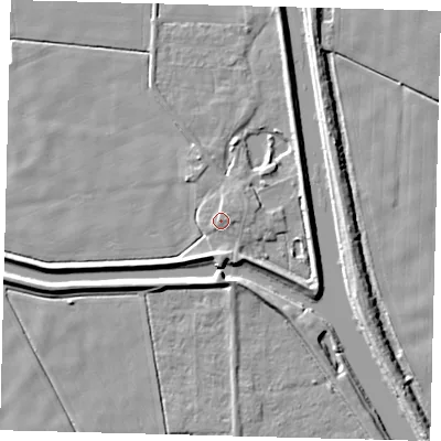 Shaded relief map of the ground around LN44ZR, computed from Environment Agency LiDAR. The ground here sits at about 4 m above sea level and falls 5 m across the surrounding 800 m. Surface water reaching this point runs off ground lying to the east-north-east, 1.3 m higher.