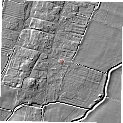 Shaded relief map of the ground around LN50FE, computed from Environment Agency LiDAR. The ground here sits at about 12 m above sea level and falls 6 m across the surrounding 800 m. Surface water reaching this point runs off ground lying to the west, 1.7 m higher.