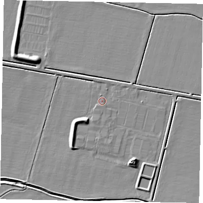 Shaded relief map of the ground around LN50LN, computed from Environment Agency LiDAR. The ground here sits at about 9 m above sea level and falls 6 m across the surrounding 800 m. Surface water reaching this point runs off ground lying to the north-east, 0.8 m higher.