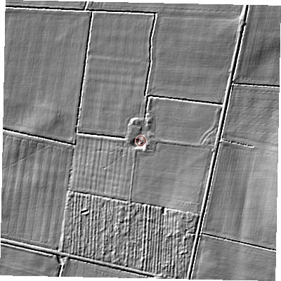 Shaded relief map of the ground around LN50LP, computed from Environment Agency LiDAR. The ground here sits at about 17 m above sea level and falls 8 m across the surrounding 800 m. Surface water reaching this point runs off ground lying to the south-south-east, 4.9 m higher.