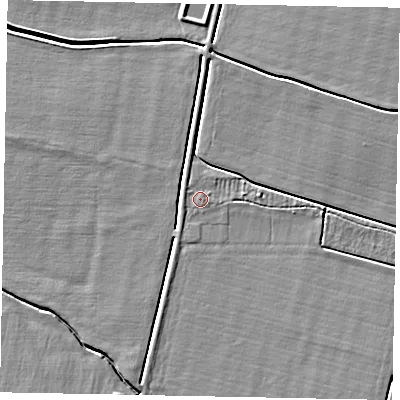 Shaded relief map of the ground around LN50LW, computed from Environment Agency LiDAR. The ground here sits at about 10 m above sea level and falls 5 m across the surrounding 800 m. Surface water reaching this point runs off ground lying to the east, 1.1 m higher.