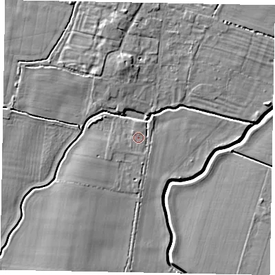 Shaded relief map of the ground around LN50QX, computed from Environment Agency LiDAR. The ground here sits at about 12 m above sea level and falls 6 m across the surrounding 800 m. Surface water reaching this point runs off ground lying to the west-south-west, 1.5 m higher.
