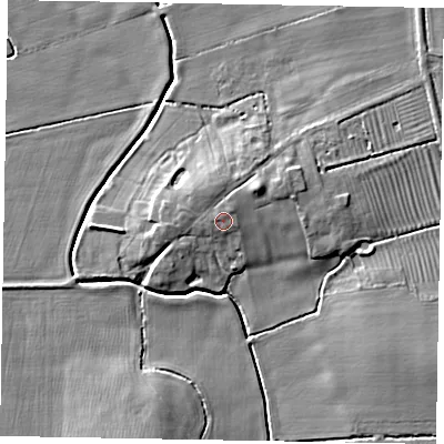 Shaded relief map of the ground around LN50RE, computed from Environment Agency LiDAR. The ground here sits at about 17 m above sea level and falls 8 m across the surrounding 800 m. Surface water reaching this point runs off ground lying to the north-east, 1.5 m higher.