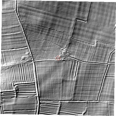 Shaded relief map of the ground around LN50RN, computed from Environment Agency LiDAR. The ground here sits at about 14 m above sea level and falls 8 m across the surrounding 800 m. Surface water reaching this point runs off ground lying to the south, 0.8 m higher.